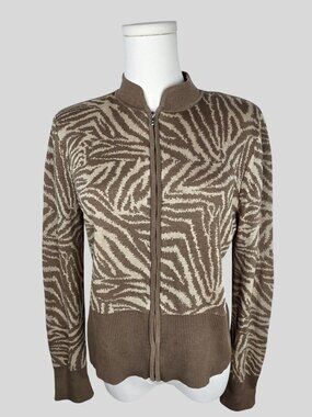 Ming Wang Zebra Print Knit Cardigan Jacket Brown Tan Zip Front Sz Medium EUC